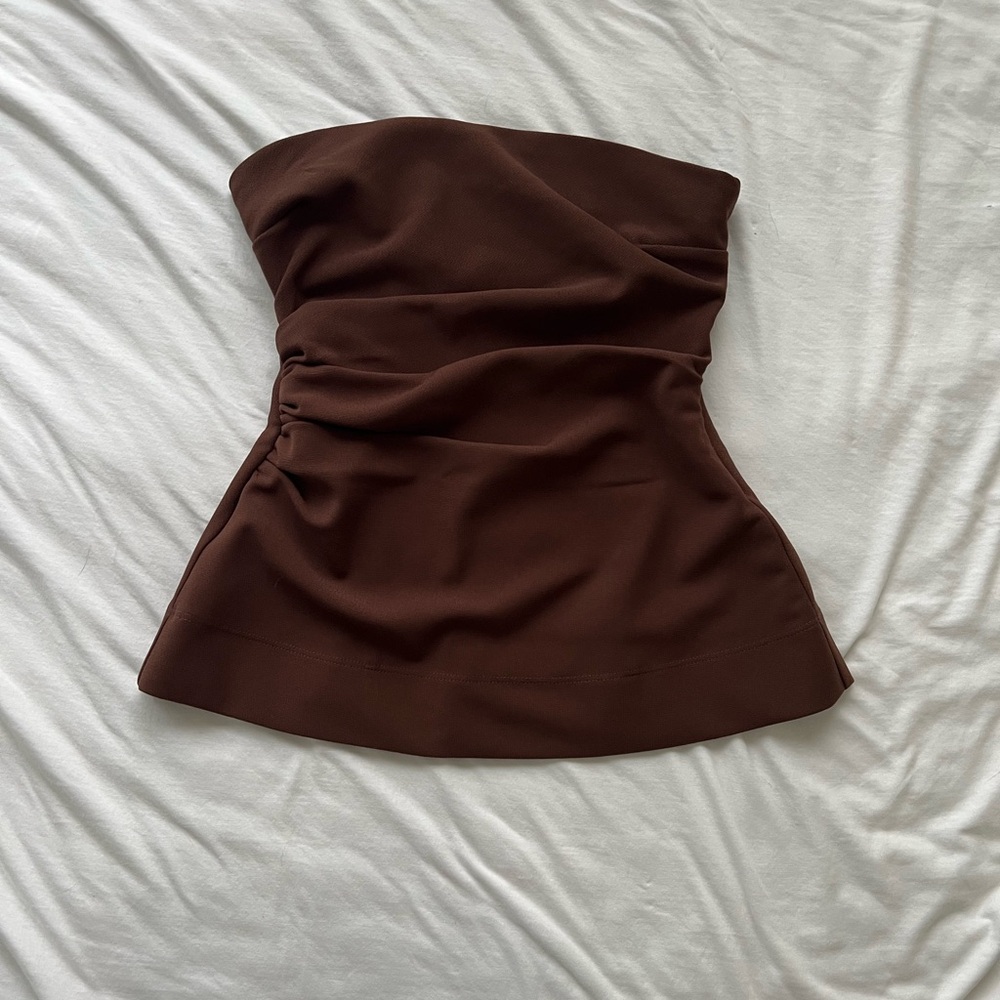Brown Strapless Side Ruched Top